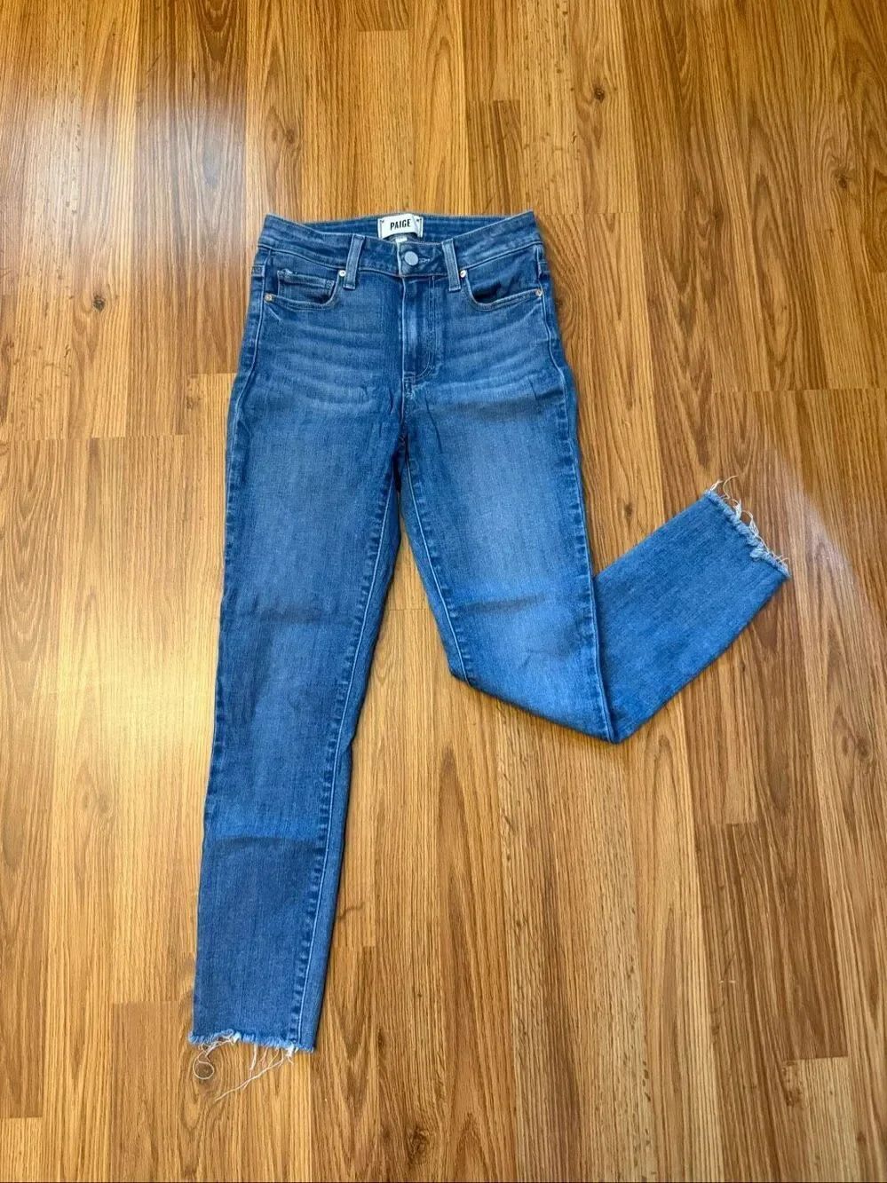PAIGE Women's Hoxton Crop Whiskering Raw Hem Skinny Denim Jeans Blue Size 24